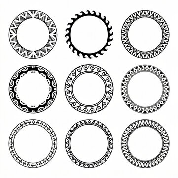 Tribal circular borders set, 9 black and white ethnic round frames, geometric maori style mandala ornaments, decorative indigenous line art elements