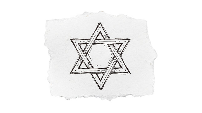 Star of David pencil sketch on torn paper scrap, Jewish Magen David religious emblem, transparent background