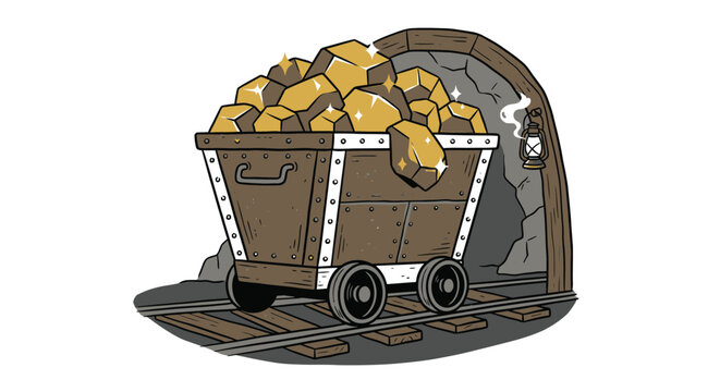 Mine cart full of gold nuggets on tracks inside a entrance mining
