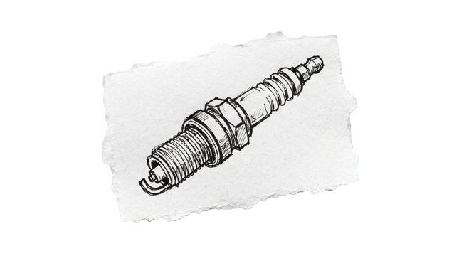 Automotive spark plug pencil drawing on torn paper scrap, engine ignition car part, transparent background