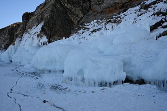 The icy rocks of Cape Dragon on Ogoy Island in Lake Baikal. Russia