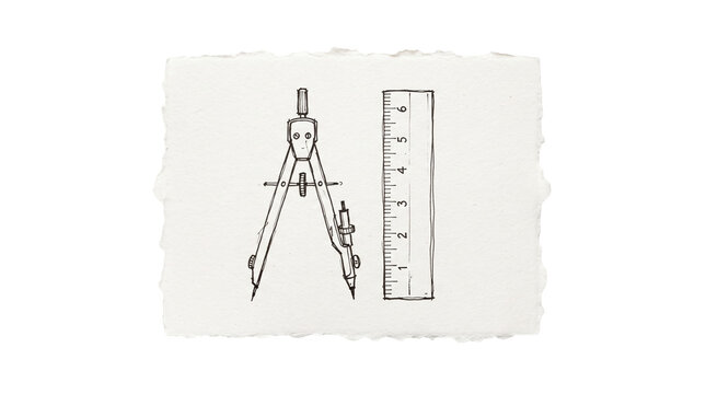 Drafting compass and ruler pencil sketch on piece of paper, geometry measurement tools, transparent background