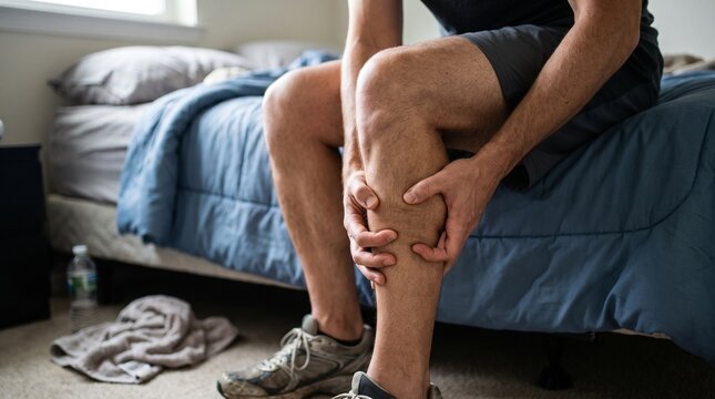 Man sitting on bed with muscle cramp in leg