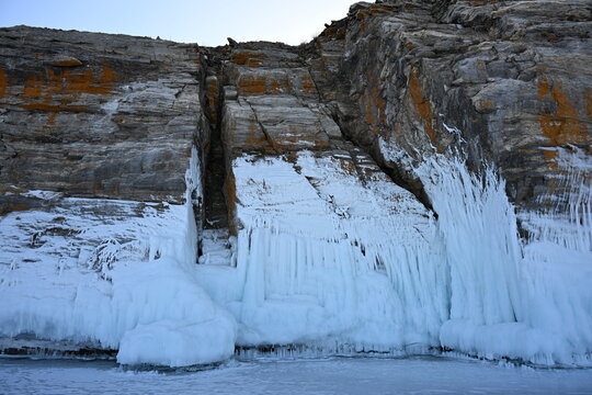 The icy rocks of Cape Dragon on Ogoy Island in Lake Baikal. Russia