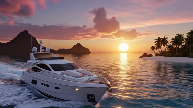 Luxury White Yacht Cruising Through Tropical Paradise at Sunset