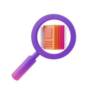 3D purple magnifying glass with colorful stacked documents showing digital data and information