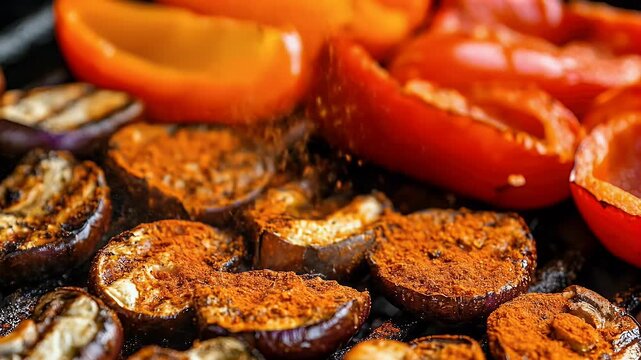 Grilled eggplant slices and bell pepper, charred with visible grill marks