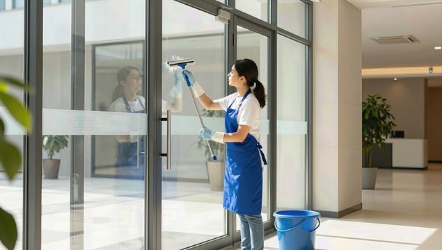 Young Female Housekeeper Cleaning Glass Door with Squeegee in Bright Modern Office Lobby Using Blue Cleaning Supplies and Professional Uniform