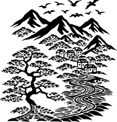 Fototapeta premium Japanese woodblock tattoo design featuring a bonsai, created as a clean vector SVG. Serene Black and White Mountain Landscape with Houses and Trees