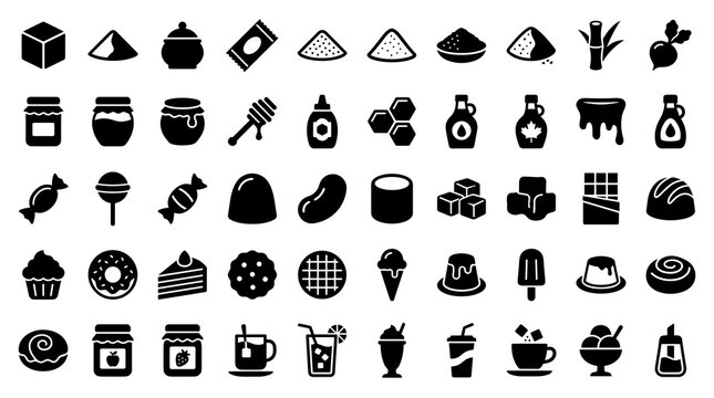 Sugar and Sweetener Solid Fill Icon Set with Sugar Cubes Honey Sweets Candy Desserts and Sweet Food Beverage Symbols
