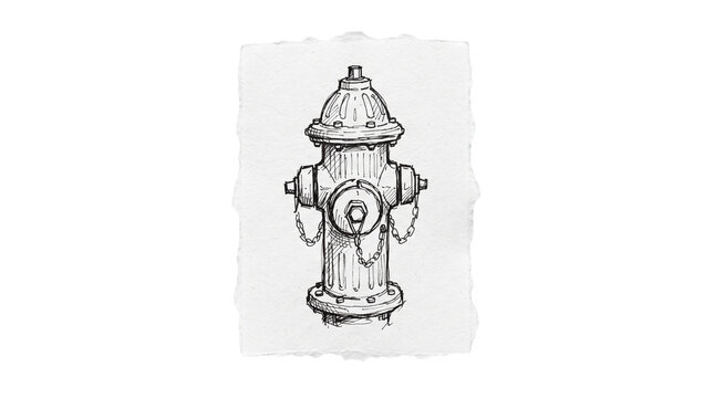 Fire hydrant pencil sketch on paper scrap, emergency street water fixture, transparent background