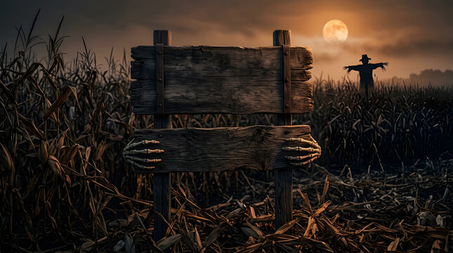 Spooky Halloween wooden sign in cornfield | Empty rustic sign with skeleton hands | Haunted cornfield landscape with full moon | Creepy autumn background for holiday invitations