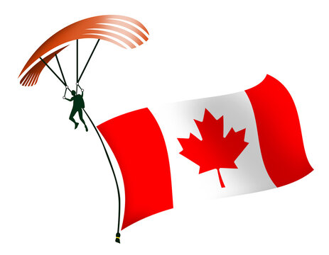 A skydiver, A paratrooper, A parachutist carrying a flag of Canada