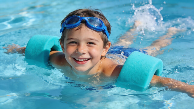 Happy little boy swimming in a blue pool with armbands and goggles