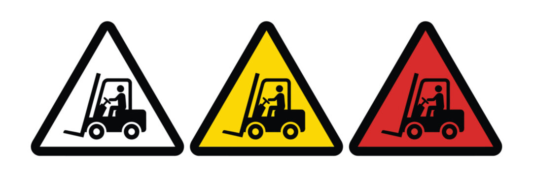 Forklift safety warning sign vector illustration. Three triangular hazard icons with forklift symbols in different colors, suitable for warehouse safety, industrial work, construction, and workplace.