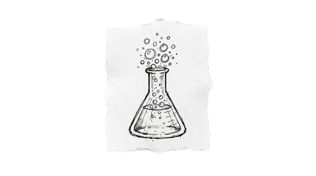 Chemistry flask pencil drawing on torn paper scrap, science laboratory glass illustration, transparent background