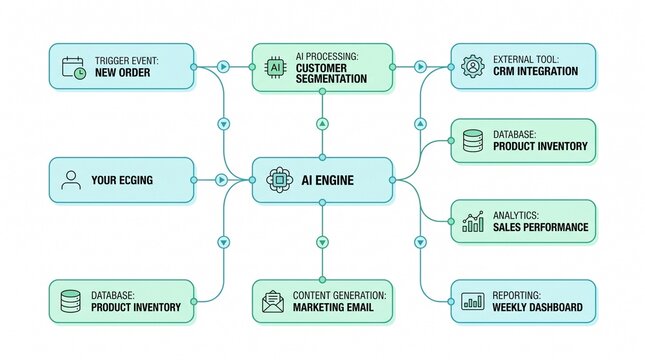 Artificial intelligence workflow automation and data integration flowchart. Central AI engine connected to trigger events. Customer segmentation. CRM integration. Product inventory and sales analytics