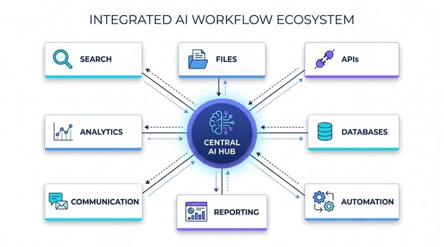 Integrated AI workflow ecosystem infographic vector diagram with central hub connected to search files APIs databases automation reporting communication and analytics modules