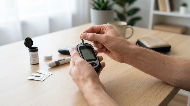 Man's hands using a blood glucose meter and lancet for diabetes self-monitoring at home, close-up on wooden table.