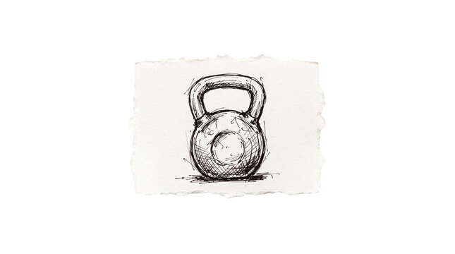 Hand drawn pencil sketch of kettlebell on piece of paper, fitness gym weight equipment, transparent background