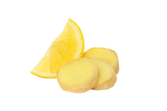 Ginger slices and lemon wedges are ready, isolated, PNG