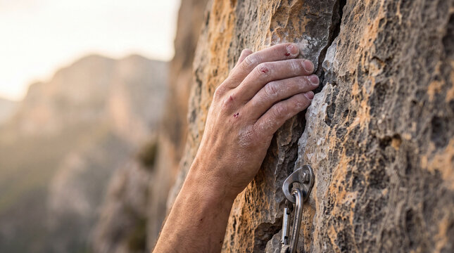 A climber's chalk-covered hand grips a rugged limestone rock face with visible minor injuries, emphasizing the intensity and grit of extreme rock climbing.