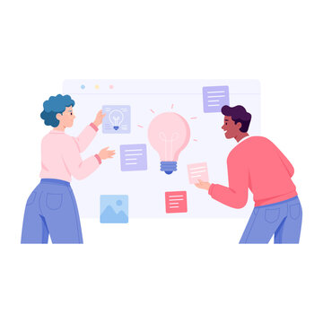 Three coworkers brainstorm around a digital board with notes and a light bulb, sharing creative ideas during a collaborative team session today.