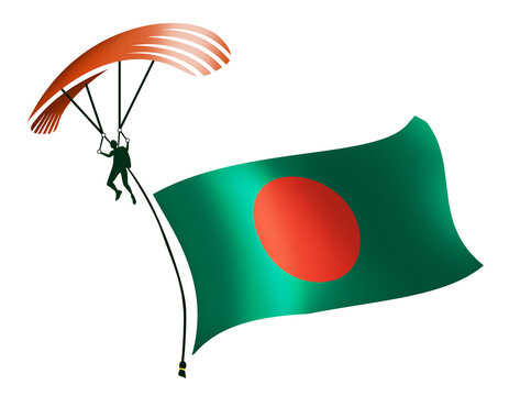A skydiver, A paratrooper, A parachutist carrying a flag of Bangladesh