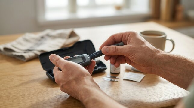 Man's hands using a glucose meter for diabetes management at a wooden table with a cup of coffee.
