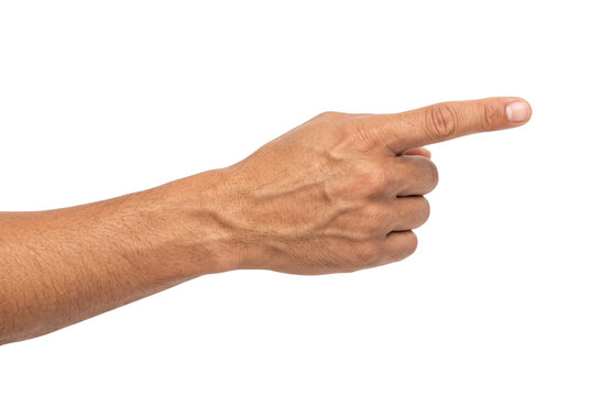 Male hand pointing index finger toward the right side