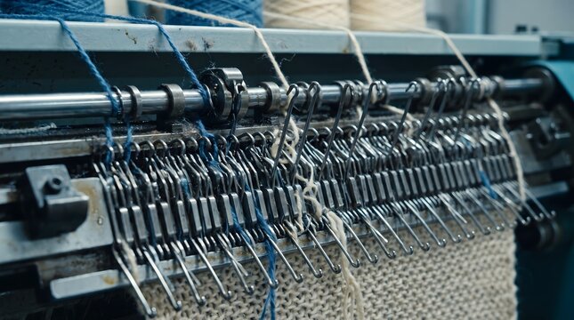 Close up of automated knitting machine in textile factory