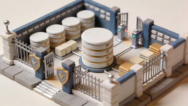 Cybersecurity concept featuring protected data servers, access gates, and digital security barriers, symbolizing cloud computing, data protection, privacy, IT, and network defense.