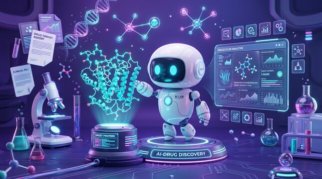 Artificial intelligence drug discovery concept illustration. Cute white robot analyzing protein structures with holographic interfaces. Advanced biotechnology and pharmaceutical research laboratory