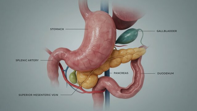 Human Digestive System Illustration, Showcasing Stomach, Gallbladder, Pancreas, Duodenum, and Splenic Artery