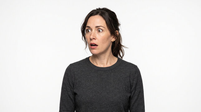 Portrait of a surprised young woman with wide eyes and open mouth looking shocked and startled against a plain white background