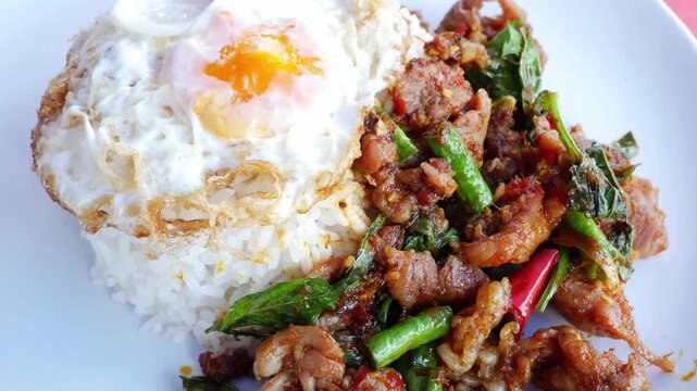 Thai Stir-Fried meet with Red Curry Paste Served Over Rice with Fried Egg