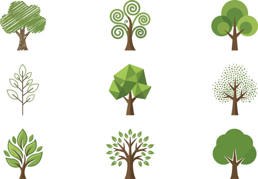 A collection of nine diverse tree icons featuring various artistic styles including hand-drawn sketches, geometric polygons, minimalist shapes, and intricate decorative leaf patterns.