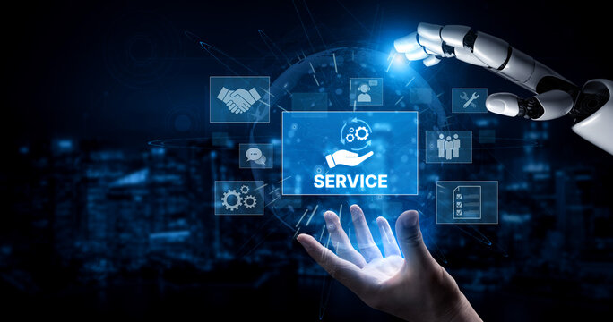 AI-assisted support system for business services showing hands-on process, communication, and teamwork icons Vouch