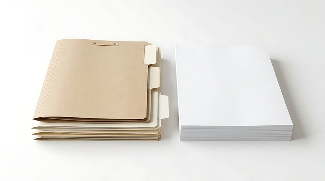 Stack of manila file folders and a stack of white paper sheets isolated on white background