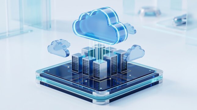 Cloud computing architecture with multiple server units and floating cloud icons representing distributed network storage and enterprise data management systems in 3D rendering