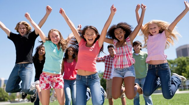 A group of happy teenagers leaping in the air outdoors.