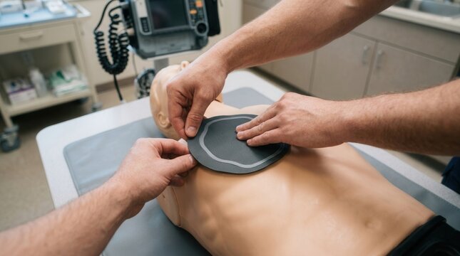 Medical professionals practicing CPR and AED placement on a training dummy in a realistic hospital setting, showcasing emergency response training.