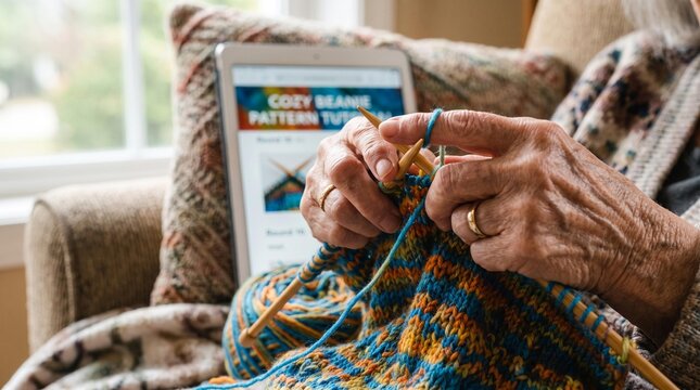 Close-up of a senior person's hands knitting with vibrant yarn, learning from a tablet tutorial at home.