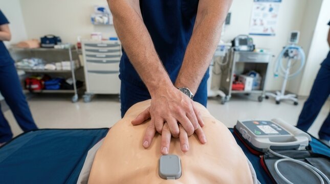 Medical Training: CPR and Defibrillator Use Practice on Mannequin in Classroom