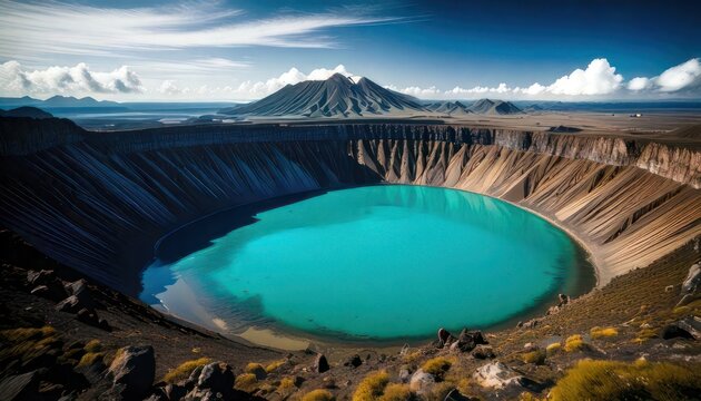 Aerial view of crater lake landscape.