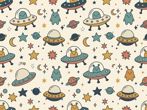 Flying saucers, cute aliens, planets, and stars create a playful seamless pattern in a retro color palette.