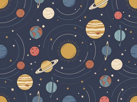 Planets and stars form a colorful solar system seamless pattern on a dark blue background.