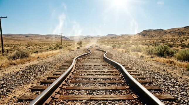 Curving railway tracks disappearing into arid desert landscape under clear sky