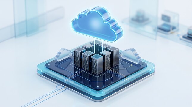 Cloud computing server architecture with centralized data storage and integrated digital circuit pathways for high performance business information systems 3D rendered illustration