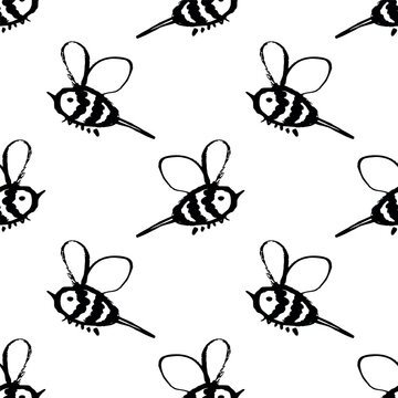 Seamless pattern with hand drawn happy funny cute honey bee Adorable flying striped insect friendly kawaii bumble bee For kids print, wrapping paper, packaging, fabric